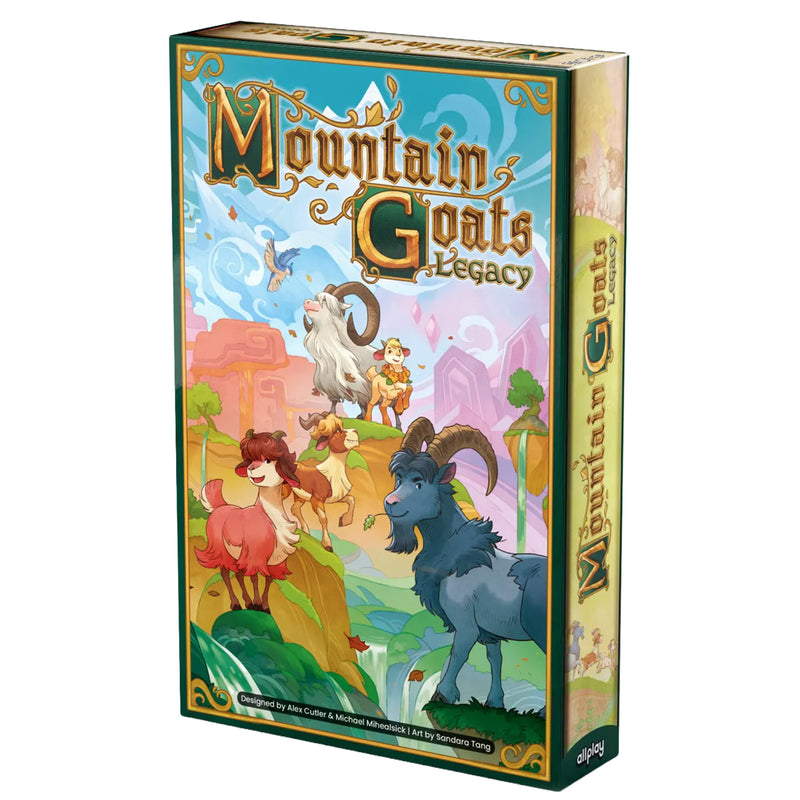 Load image into Gallery viewer, Mountain Goats Legacy Board Game  Front of box featuring colorful illustrations of Mountain Goats.
