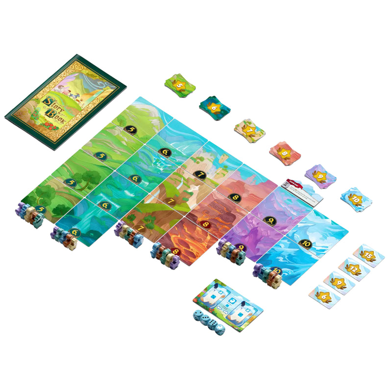 Load image into Gallery viewer, Mountain Goats Legacy Board Game - Sample game components shown including story book, mountain tales, and goat meeples. 
