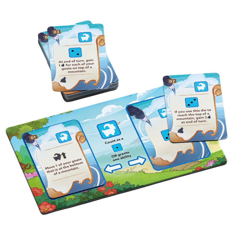Load image into Gallery viewer, Mountain Goats Legacy Board Game - Sample blue goat cards shown with different die side actions. 
