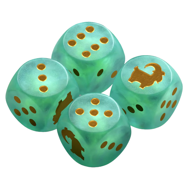 Load image into Gallery viewer, Mountain Goats Legacy Board Game - Four dice shown with goats replacing the one pip. 

