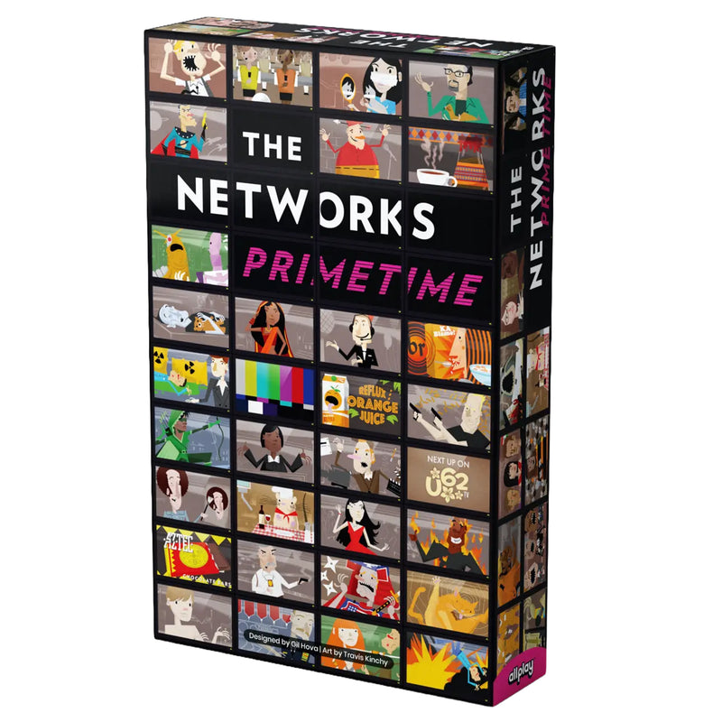 Load image into Gallery viewer, The Networks: Primetime Board Game - front of box featuring art of different tv's showing primetime shows.
