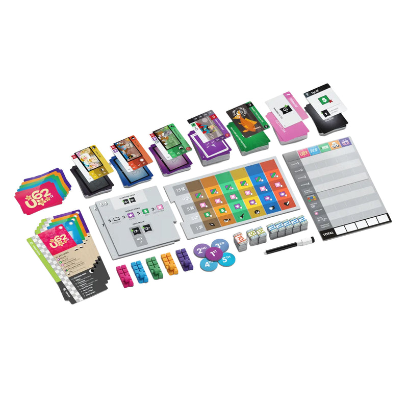 Load image into Gallery viewer, The Networks: Primetime Board Game - view of setup game including game cards, Player Boards, Setup Boards, Genre Board, Scoreboard, Dry-Erase Marker, Marker Cubes, Turn Order Tokens, and Cash Tokens (1s, 5s, 10s).

