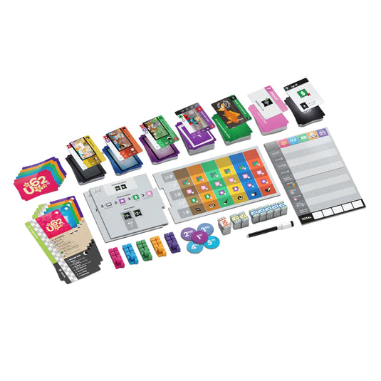 The Networks: Primetime Board Game - view of setup game including game cards, Player Boards, Setup Boards, Genre Board, Scoreboard, Dry-Erase Marker, Marker Cubes, Turn Order Tokens, and Cash Tokens (1s, 5s, 10s).