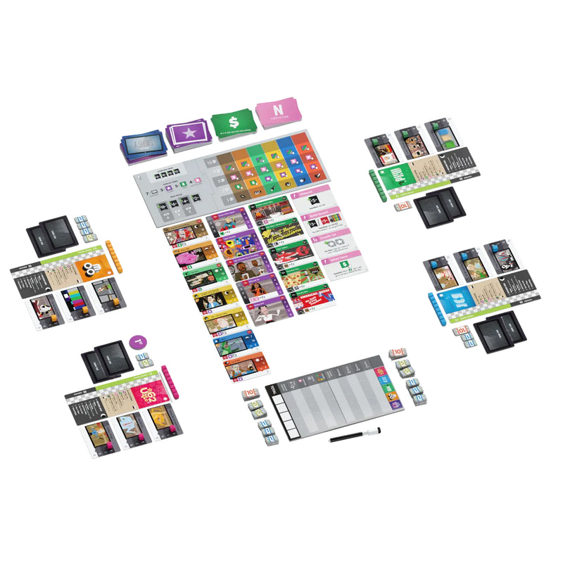 Load image into Gallery viewer, The Networks: Primetime Board Game - view of setup game including game cards, Player Boards, Setup Boards, Genre Board, Scoreboard, Dry-Erase Marker, Marker Cubes, Turn Order Tokens, and Cash Tokens (1s, 5s, 10s).
