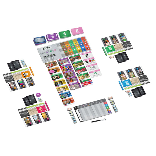 The Networks: Primetime Board Game - view of setup game including game cards, Player Boards, Setup Boards, Genre Board, Scoreboard, Dry-Erase Marker, Marker Cubes, Turn Order Tokens, and Cash Tokens (1s, 5s, 10s).
