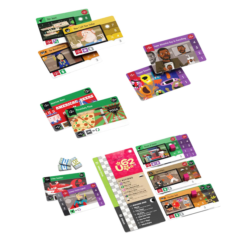 Load image into Gallery viewer, The Networks: Primetime Board Game - view of sample game components including game cards and Cash Tokens (1s, 5s, 10s).
