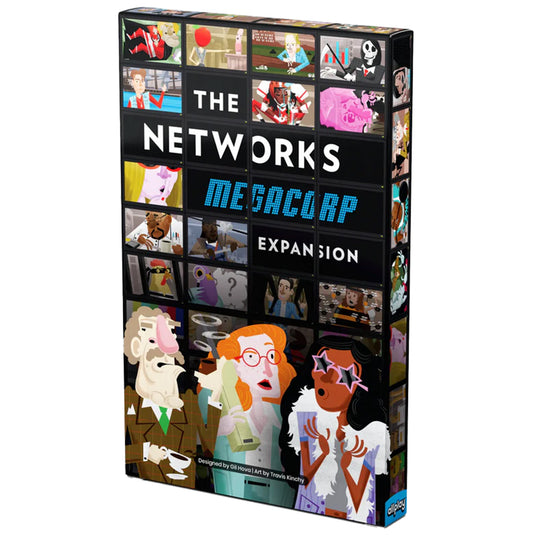 The Networks: Megacorps Expansion - view of front of box art of tv screens with primetime shows.