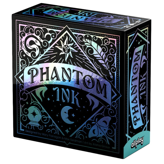 Phantom Ink Board Game - Front of box with black and silver design featuring illustrations of a crystal ball, moon, and feather.