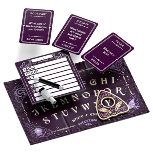 Phantom Ink Board Game - Game components shown including question cards, spirit board, and guess board.