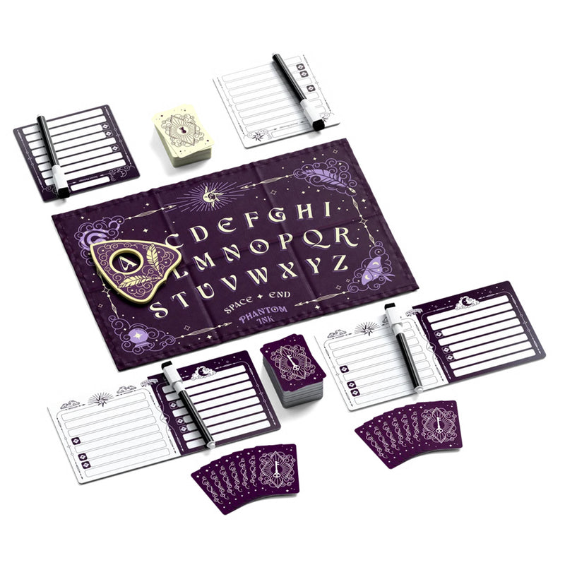 Load image into Gallery viewer, Phantom Ink Board Game - View of setup game including spirit boards, guess boards, dry erase markers, and questions cards.
