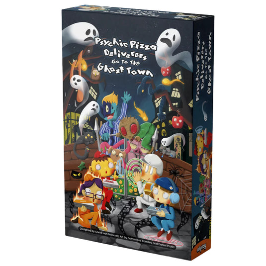 Psychic Pizza Deliverers Go to the Ghost Town Board Game - Front of box featuring art of pizza deliverers and ghosts.