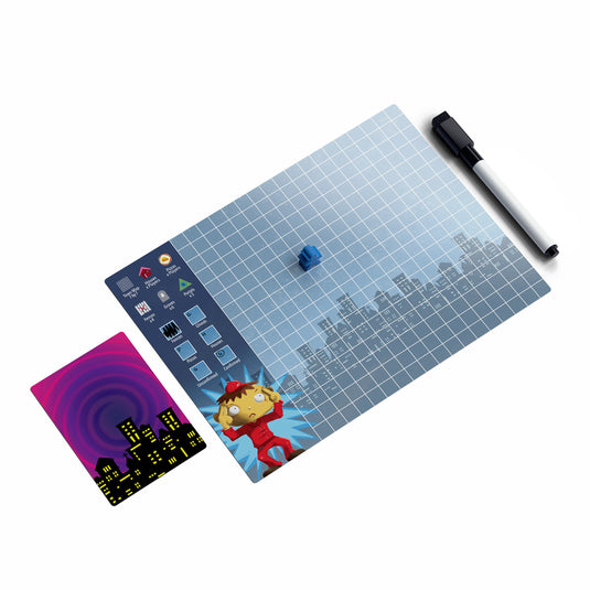 Psychic Pizza Deliverers Go to the Ghost Town Board Game - Sample components including game board with map grid and dry erase marker.