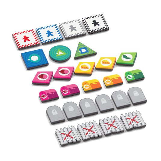 Psychic Pizza Deliverers Go to the Ghost Town Board Game - sample components including pizza box tokens, mailbox tokens, grave tokens, and fence tokens.