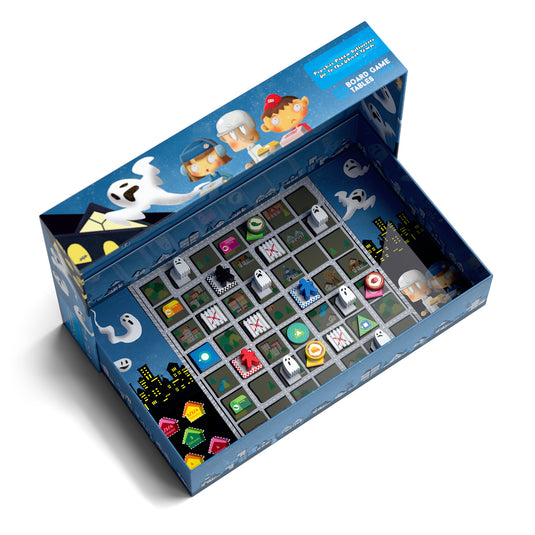 Psychic Pizza Deliverers Go to the Ghost Town Board Game - sample components shown with map of locations on grid.