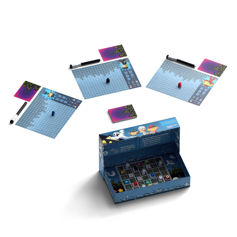 Load image into Gallery viewer, Psychic Pizza Deliverers Go to the Ghost Town Board Game - sample components displayed including secret map with location tokens, and three player boards with grids and dry erase markers.
