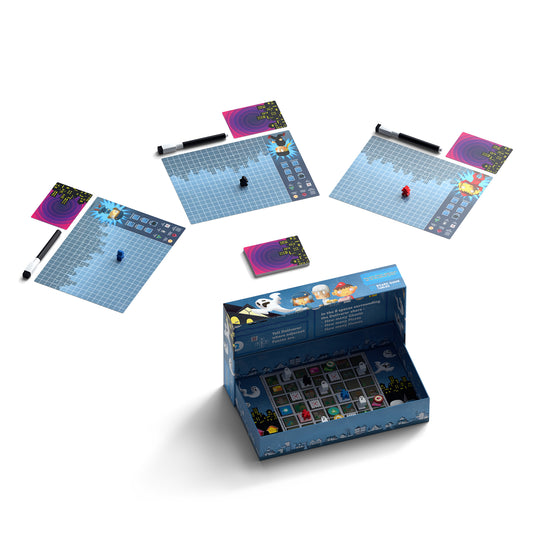 Psychic Pizza Deliverers Go to the Ghost Town Board Game - sample components displayed including secret map with location tokens, and three player boards with grids and dry erase markers.