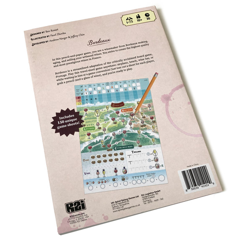Load image into Gallery viewer, Bordeaux Board Game - Back cover with game overview, image of game sheet, and barcode. Packing lists game is for ages 10+. 
