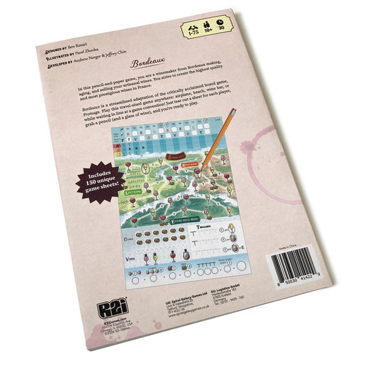 Bordeaux Board Game - Back cover with game overview, image of game sheet, and barcode. Packing lists game is for ages 10+. 