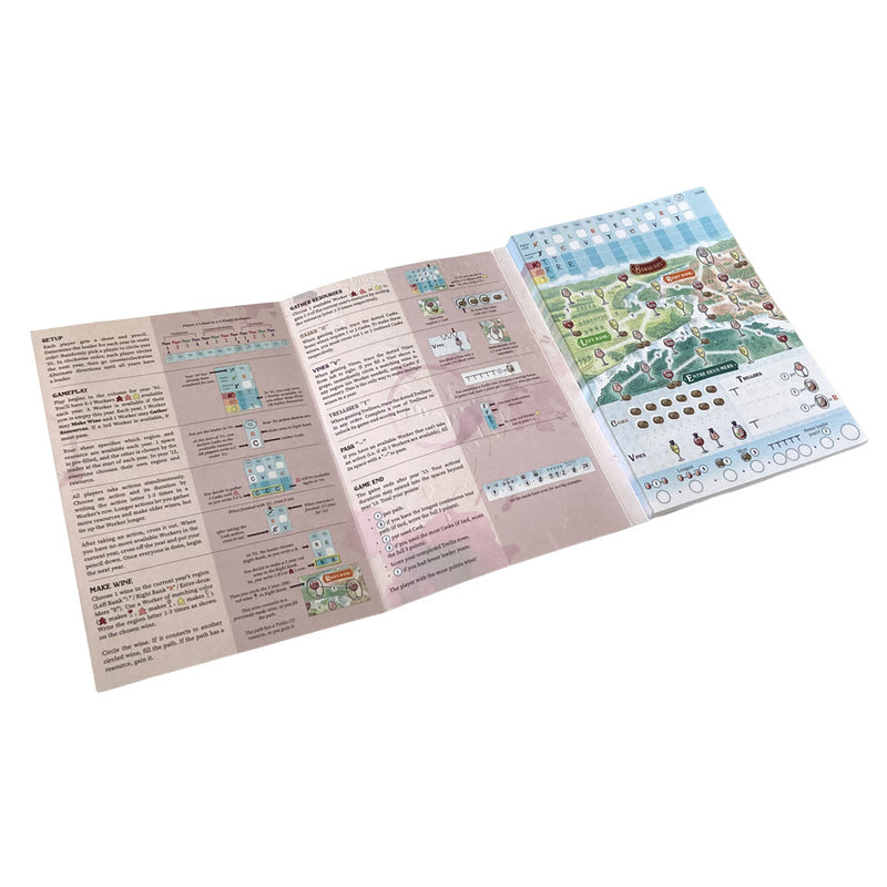 Load image into Gallery viewer, Bordeaux Board Game -Open rule book shown along with game sheet. 
