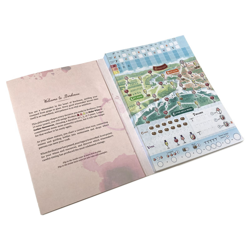 Load image into Gallery viewer, Bordeaux Board Game -Open rule book shown along with game sheet. 
