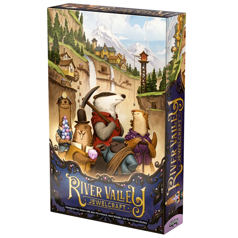 Load image into Gallery viewer, River Valley Jewelcraft Board Game - Front of box featuring art of of animal characters holding jewels and a pickaxe.
