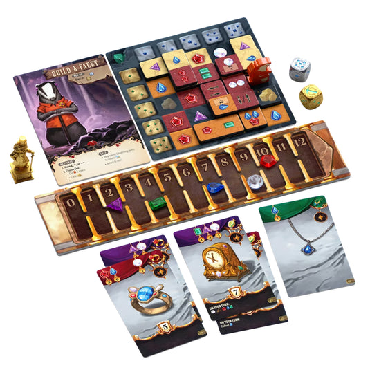 River Valley Jewelcraft Board Game - Sample components shown including game board, jewel tokens, and Jewelry cards.