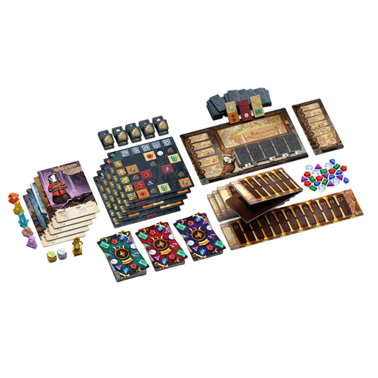River Valley Jewelcraft Board Game - Sample components shown including player boards, jewel tokens, game boards, worker meeples and jewelry cards.