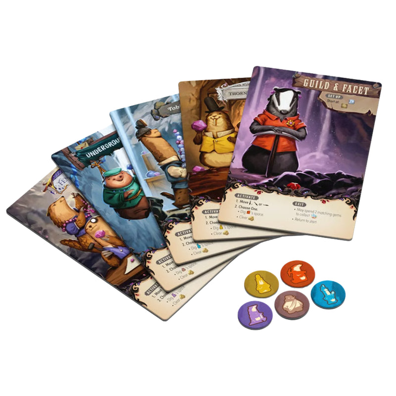 Load image into Gallery viewer, River Valley Jewelcraft Board Game - sample character cards and tokens displayed.

