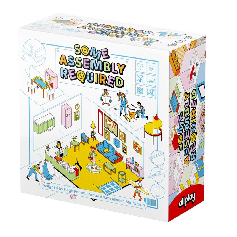 Load image into Gallery viewer, Some Assembly Required Board Game - Front of box with illustrations of people assembling furniture for a house.
