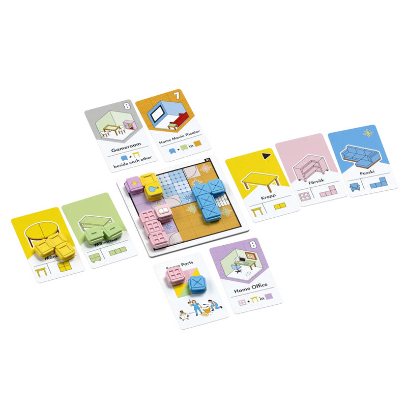 Load image into Gallery viewer, Some Assembly Required Board Game - Sample components shown including room with grid map, furniture cards, and furniture tokens. 
