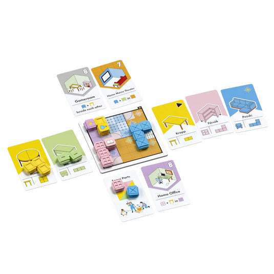 Some Assembly Required Board Game - Sample components shown including room with grid map, furniture cards, and furniture tokens. 