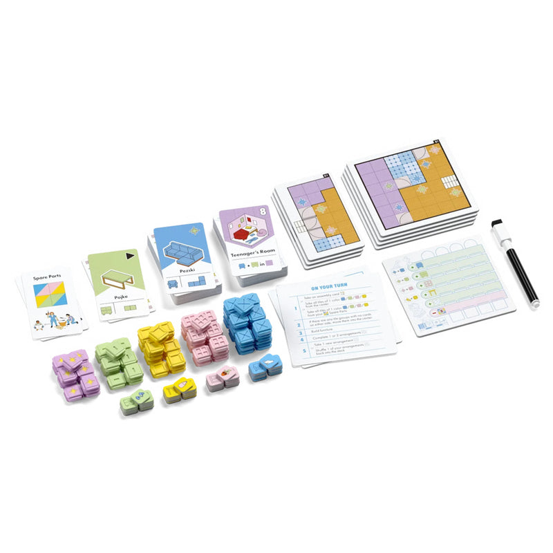 Load image into Gallery viewer, Some Assembly Required Board Game -Sample components shown including score sheet, dry erase marker, furniture tokens, and furniture cards.
