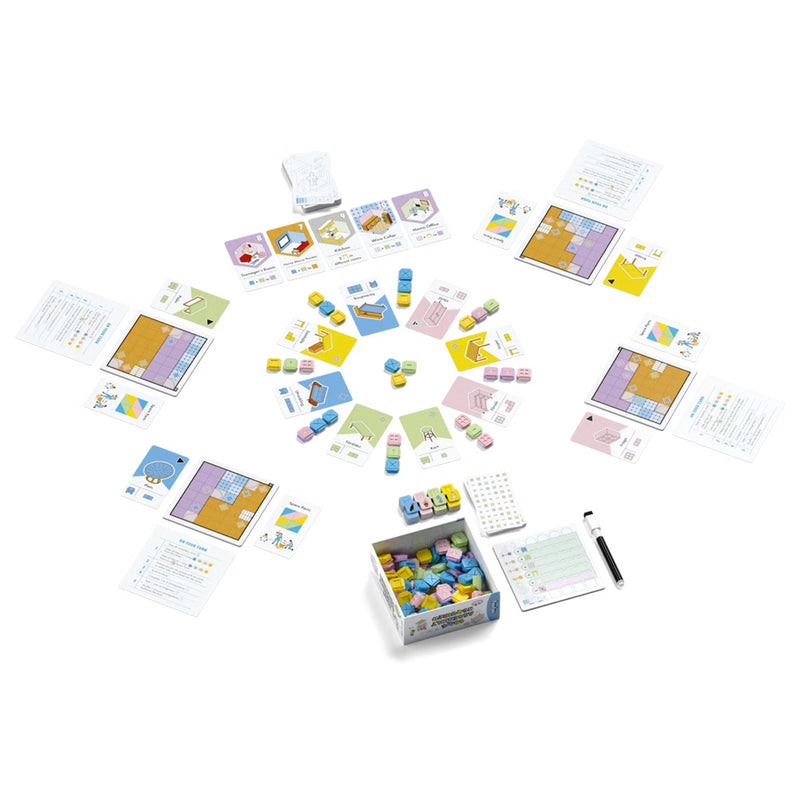 Load image into Gallery viewer, Some Assembly Required Board Game - View of setup game setup for four players including room cards with grid maps, tokens in box, furniture cards, and score sheet.
