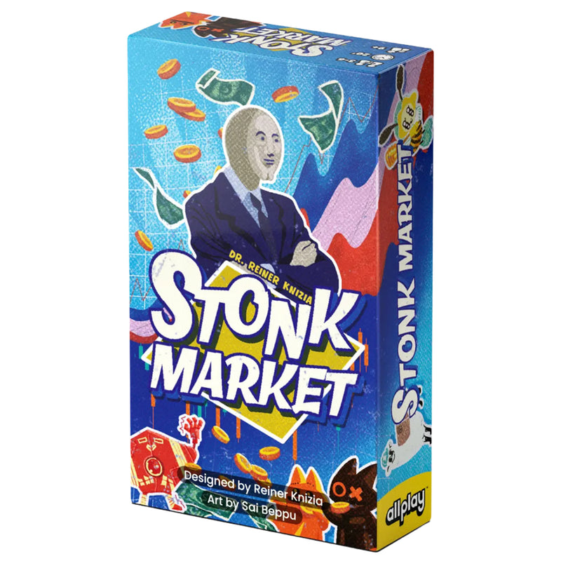 Load image into Gallery viewer, Stonk Market Card Game - Front of box featuring illustrations of a person in a mask and money. 
