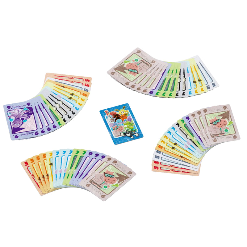 Load image into Gallery viewer, Stonk Market Card Game - View of setup game with four hands of cards and one card in the center.
