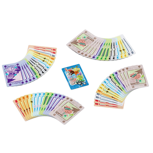 Stonk Market Card Game - View of setup game with four hands of cards and one card in the center.