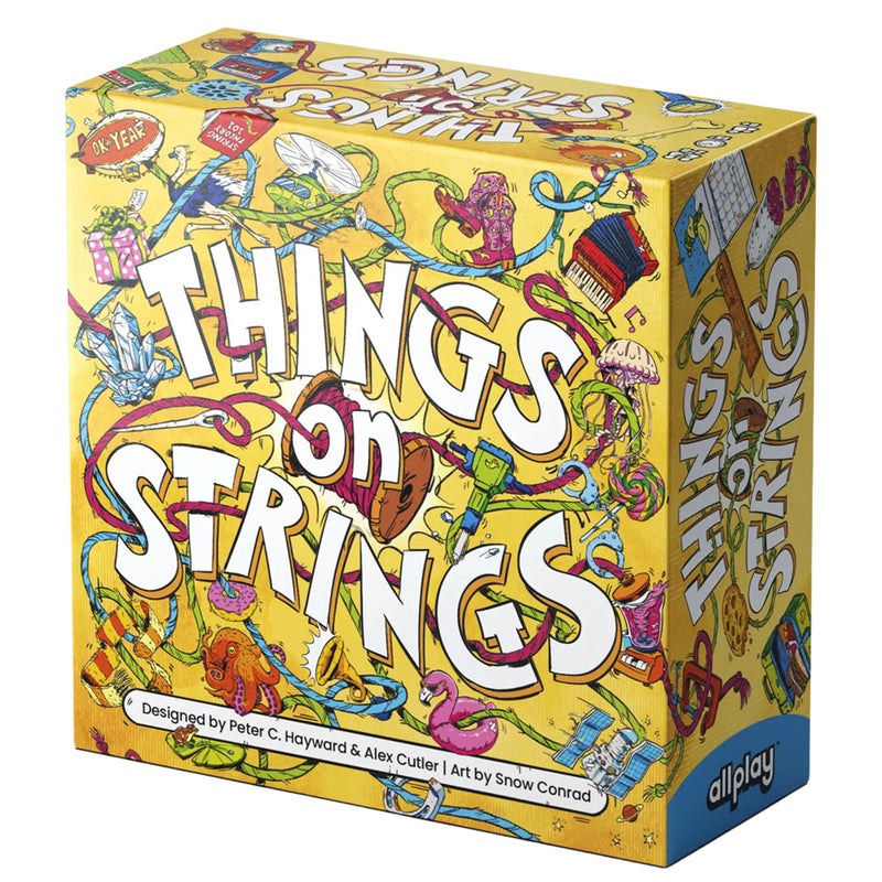 Load image into Gallery viewer, Things on Strings Board Game - Front of box with colorful illustrations of strings and various objects.
