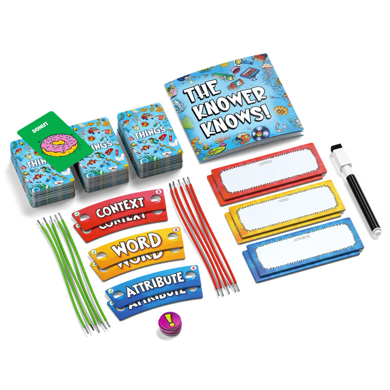Load image into Gallery viewer, Things on Strings Board Game - sample come components shown including strings, String Labels, Thing Cards, "The Knower Knows!" Guide, and Dry Erase Marker
