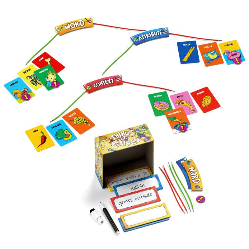 Load image into Gallery viewer, Things on Strings Board Game -  setup game shown with strings connecting words to words board, attributes board, and context board.
