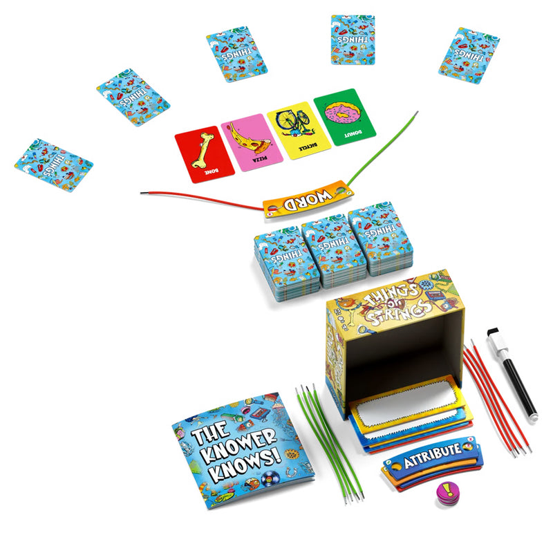 Load image into Gallery viewer, Things on Strings Board Game - View of setup game with sample word cards shown.
