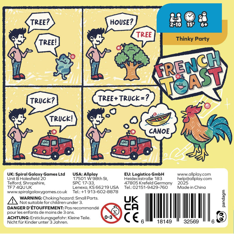 Load image into Gallery viewer, French Toast Card Game - back of box featuring illustration of example scenario with the word canoe. Box indicates game is for ages 6+ and 2 to 10 players.
