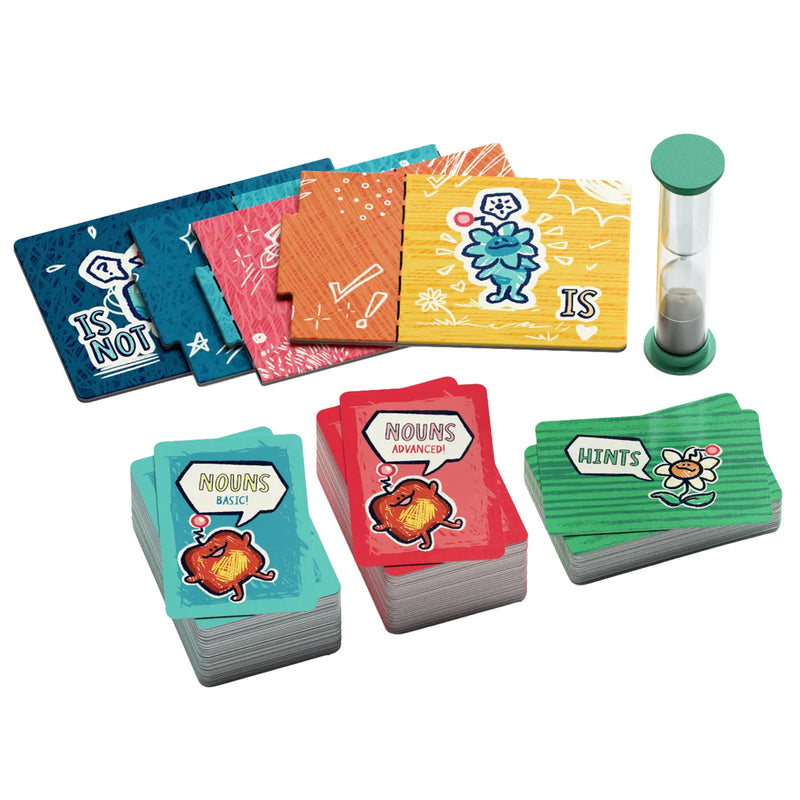 Load image into Gallery viewer, French Toast Card Game - sand timer and card decks for 'nouns basic', 'nouns advanced', and 'hints'. 
