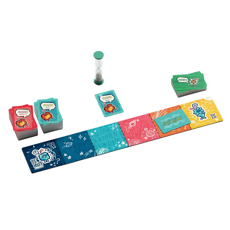 Load image into Gallery viewer, French Toast Card Game - setup game shown with board showing range for 'It Is' to 'Is Not' along with card decks and sand timer. 
