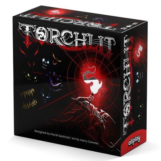 Torchlit Board Game - front of box with art of torch shining light and monsters lurking in the darkness. 