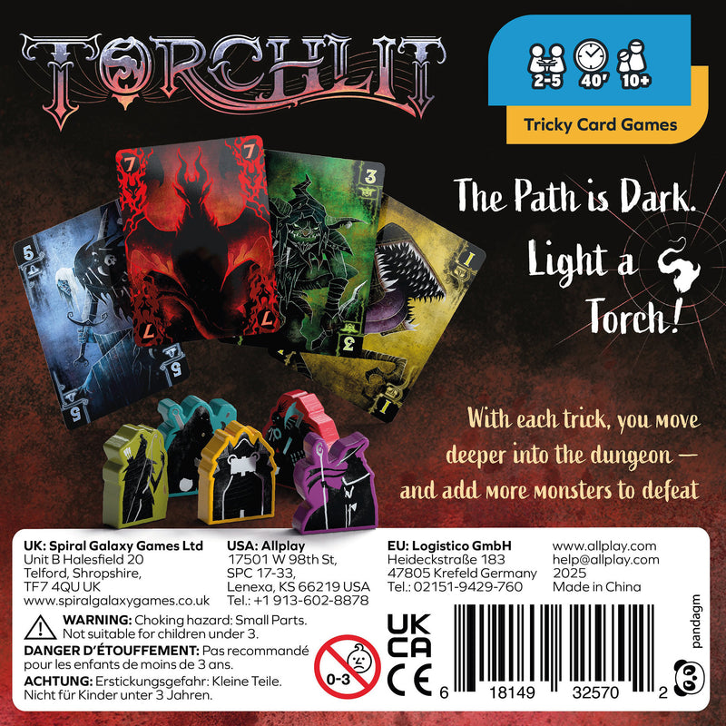 Load image into Gallery viewer, Torchlit Board Game - back of box with overview and images of sample cards and character tokens. Box indicates it is for ages 10+ and 2 to 5 players.
