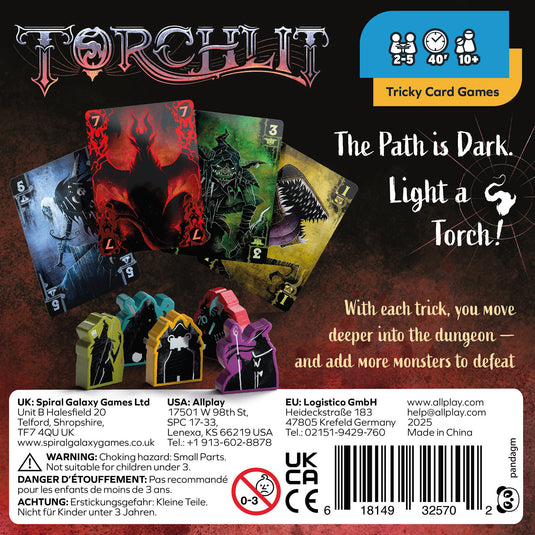 Torchlit Board Game - back of box with overview and images of sample cards and character tokens. Box indicates it is for ages 10+ and 2 to 5 players.