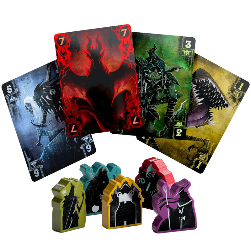 Load image into Gallery viewer, Torchlit Board Game - sample cards monster cards and character meeples shown. 

