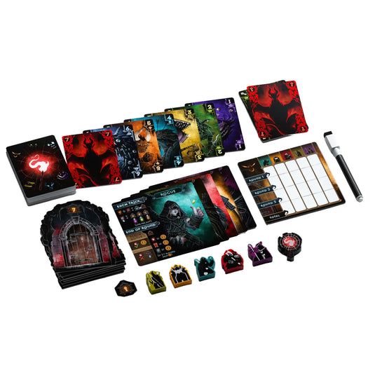 Torchlit Board Game - game components displayed including  monster cards, adventurer mats, adventurer meeples, door tiles, torchbearer token, scoreboard, and  dry erase marker