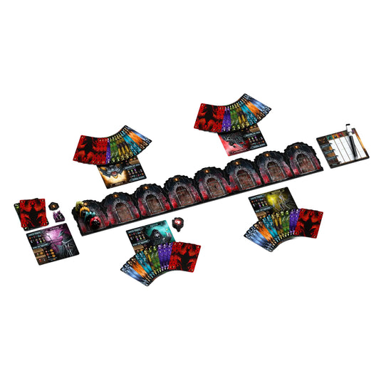 Torchlit Board Game - view of game setup for four players including door tiles, hands of monster cards, player mats, scoreboard, and dry erase marker.