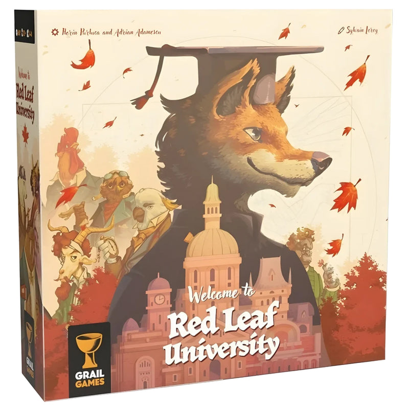 Load image into Gallery viewer, Red Leaf University Board Game - Front of box featuring art of a fox in a gradation hat and gown. 
